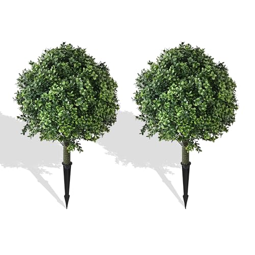 28" Artificial Boxwood Topiary Ball Trees with Ground Spike for Outdoor,Set of 2 UV Resistant Artificial Shrub Bushes,Artificial Plants,Fake Boxwood Plants for Indoor, Garden, Yard,Patio Décor - color: Green Boxwood