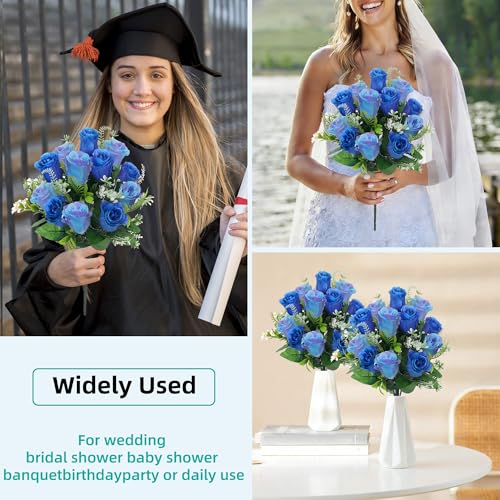 Artificial Rose Bouquets,Fake Flowers Rose,Set of 4 Realistic Silk Flowers for Cemetery and Headstone Decoration, UV Resistant for Outdoor Memorials, Home, and Wedding Centerpieces (Blue) - color: Blue