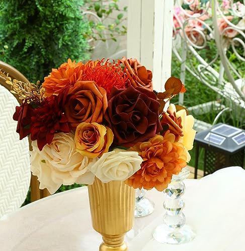 Artificial Flowers Combo Box for DIY Wedding Bouquet Arrangement, Silk Faux Flower for Bridal Table Centerpieces Party Cake Baby Shower（Orange & Burgundy） - color: Orange & Burgundy