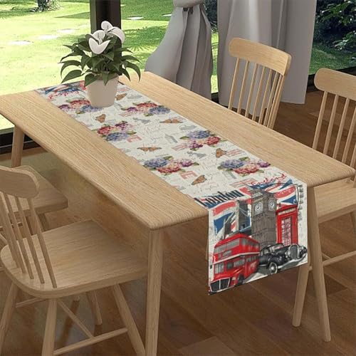 British Table Runner, Seasonal Vintage Floral England London Culture Element Coffee Table Center Decor for Home Kitchen Dining Patio Holiday Party Table Decorations 13x36 inches - color: Tr-england02, size: 13x36" Table Runner