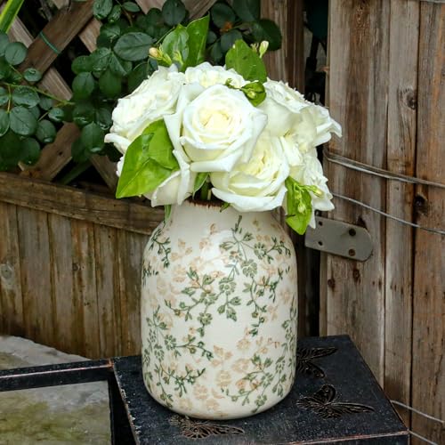 Beige and Green Vintage Rustic Ceramic Vase,Handcrafted Farmhouse Decorative Vase, Easy to Clean Perfect for Flowers Wedding Centerpiece or Shelf Decor 8Inch - size: 8.1In