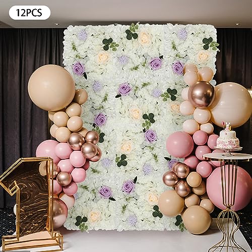 3D Flower Wall Panel Floral Backdrop,12PCS Artificial Flower Wall Background Silk Rose Mat, Artificial Flower Backdrop Faux Flower Panel for Wedding - color: 12pcs White, Purple