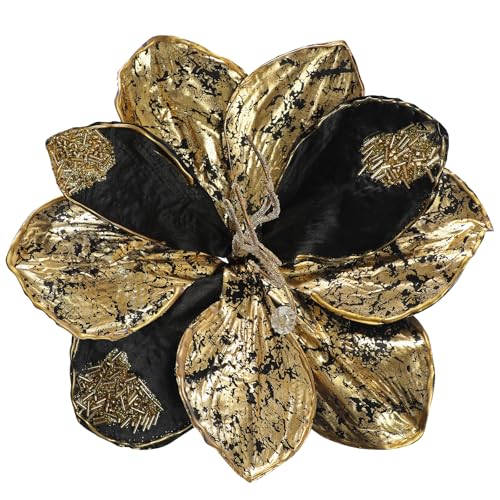 Briful 3PCS Magnolia Artificial Flowers 21.2" Black Gold Fake Magnolia Flower Stems with Specially Designed Mottled Petals Christmas Tree Flowers for Holiday Wreath Garland Xmas Decor - color: Black Gold