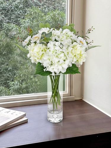 Hydrangea Artificial Flowers, 12PCS Mixed White Faux Flowers with Hydrangea & Daisies, Up to 17.3 Inch Long Silk Fake Flowers for Vase DIY Wedding Bouquet Party Centerpieces Arrangement Home Decor - color: Hydrangea, White