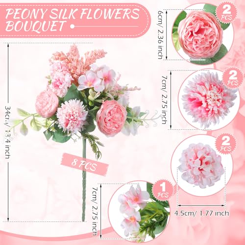 Zeyune 8 Pcs 13.4 Inch Artificial Flowers Bouquet Fake Silk Flowers Faux Bouquet Hydrangea Bouquets for Wedding Birthday Table Centerpieces Home Office Decoration (Peony,Pink) - color: Pink, size: Peony