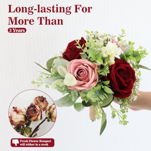 Blush & Burgundy Bridesmaids Bouquets Set of 6-7 Inch Artificial Flowers Bridesmaid Bouquet for Wedding Pre-Made Rustic Rose Small Floral Bouquets for Bridal Shower Marriage Proposal Party Anniversary - color: Blush & Burgundy, size: 6pcs