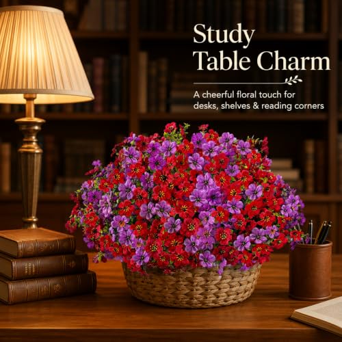 Artificial Flowers for Outdoors UV Resistant, 12 Bundles Realistic Faux Daisy with Eucalyptus Leaves Fake Plants for Porch Patio Planter Garden Decoration (Red Light Purple) - color: Red Light Purple
