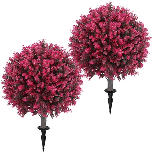 Artificial Red Eucalyptus Topiary Ball Tree 24" with Ground Spike, Set of 2 Artificial Boxwood Bushes for Faux Shrubs, Fake Evergreen Faux Plant for Indoor Outdoor Garden -UV Resistant–Fade-Proof - color: Red Eucalyptus