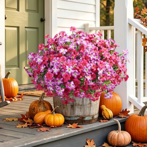 Artificial Flowers for Outdoors Fake Plants Outside Decoration, 20 Bundles Silk Petunia with Eucalyptus UV Resistant Realistic Faux Flowers for Outdoor Planters Garden Balcony Yard Porch Patio, Mix - color: 10 Gradient Fuchsia, 10 Fuchsia