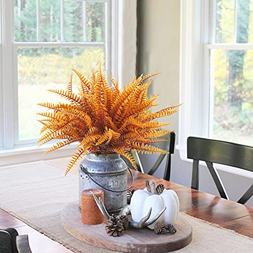 Uieke 12PCS Artificial Ferns for Outdoors, Fake Fall Boston Fern Plants UV Resistant No Fade Faux Plastic Greenery Bushes for Indoor Outside Window Box Fall Décor Autumn Orange - color: Autumn Orange-12 Bundles
