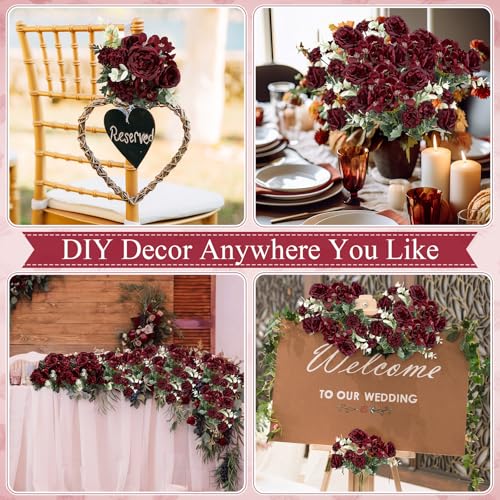 Wavwavw 6 Pcs Artificial Peony Silk Florals Fake Mix Silk Peony Rose Faux Flower Hydrangea Bouquet Elegant Realistic Wedding Floral Centerpiece for Home Party Table Arrangement (Red) - color: Red