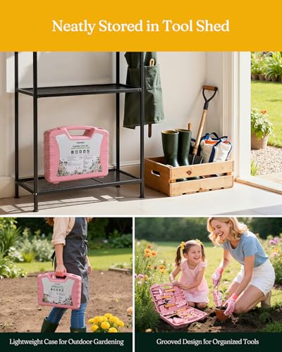 Grenebo 12-Piece Gardening Tools Set, Floral Print Garden Tool Set Gift, Rust-Proof & Heavy-Duty Trowel, Rake, Weeder, Pruner with Hard Case, Gardening Gifts for Women, Mom & Plant Lovers (Pink) - color: Pink