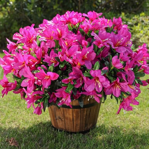 INSPRING Artificial Fake Flowers for Outdoors Spring Outside Decoration, 3 Bundles Silk Azalea Faux Plants UV Resistant Realistic Outdoor Flowers for Planter Porch Patio Garden Walkways Home, Fuchsia - color: Fuchsia