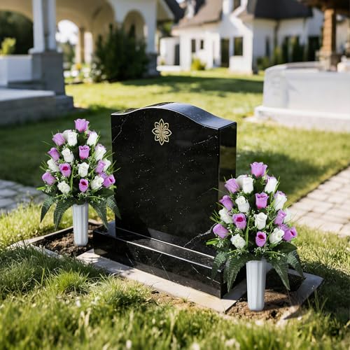 XONOR 2 Sets Artificial Cemetery Flowers, Grave Decorations Roses, Memorial Flowers Bouquet with Vase for Grave Cemetery Decoration (Pink &White) - color: Pink &White