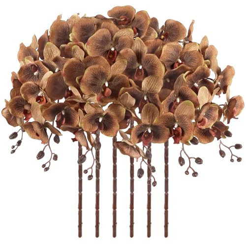 41in Orchids Artificial Flowers Fake Orchid 6PCS Velvet Silk Orchids That Look Real Long Stem Artificial Flowers for Tall Vase for Home Party Fall Halloween Décor (Coffee) - color: Coffee