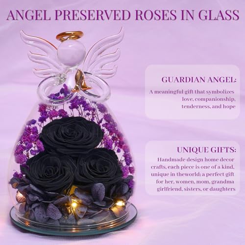 Beferr Gifts for Mom Birthday Gifts for Women, Fresh Flowers for Delivery Forever Preserved Rose in Glass Angel Figurine, Anniversary Christian Real Rose for Grandma Wife Mother from Daughter Son - color: O Black & Purple