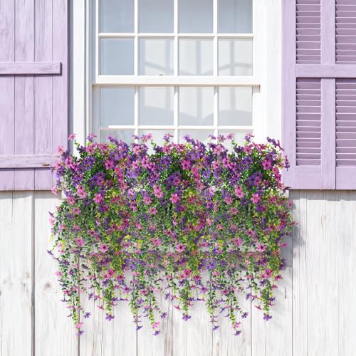 Artificial Hanging Flowers for Outdoors, 2 Pcs Fake Hanging Plant Spring Summer Decor, UV Resistant No Fade Realistic Faux Flower for Front Door Porch Planter Patio Garden Yard(Double Purple) - color: Double Purple