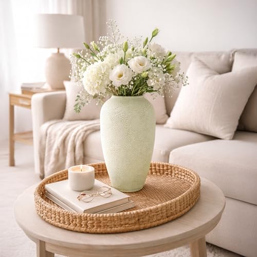 Hosley Metal Vase for Home Decor-Light Green with Gold Brushing, Farmhouse Vase with Elegant Design for Living Room, Home, or Office, 11-Inch Tall, for Housewarming - color: Light Green With Gold Brushing