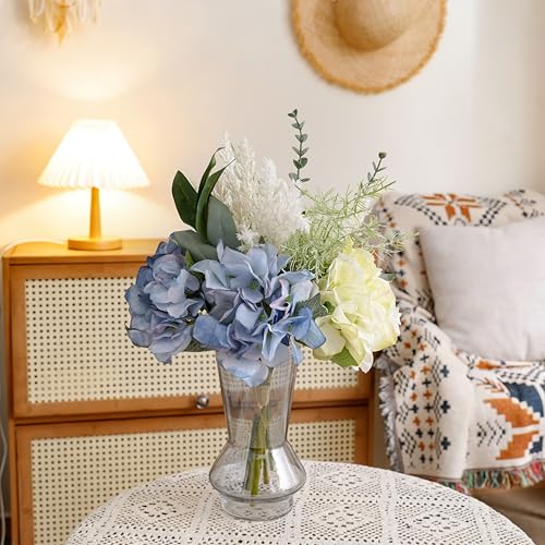 LUEUR Artificial Blue Hydrangea Flowers in Vase Centerpiece – Coastal Style Faux Floral Arrangement for Coffee Table, Dining Room, Living Room, Bathroom & Beach House Home Decor - color: Green & Yellow