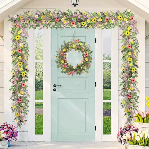 6FT Wildflower Garland, Artificial Spring Floral Garland with Eucalyptus Leaves, Fake Flower Garland for Mantle Fireplace, Wedding Arch, Summer Home Decor, Spring Mantel Garland - color: Wildflower01
