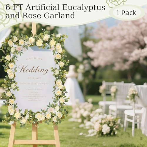 Lewondr Artificial Eucalyptus Garland with Flower - 8 Roses, 6FT Faux Floral Greenery Garlands Fake Flowers Vines, Maintenance-Free for Wedding Table Backdrop Party Centerpiece Room Decor, Champagne - color: Champagne Color, size: 1 Pack