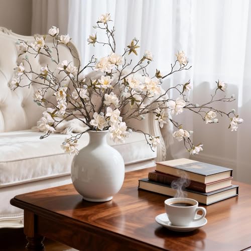 HyeFlora 3PCS Artificial Magnolia Flowers Stems for Spring Decoration, Faux Champagne Magnolia Branches with Buds, 34.5" Long Stems Floral Arrangement for Vase Pot Table Centerpiece Indoor Decor - color: Champagne