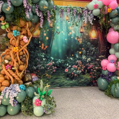 Spring Enchanted Forest Backdrop, Fairy Tale Wonderland Garden Backdrops for Photoshoot, Mushroom Butterfly Woodland Fairy Tea Party Decorations Photo Booth Studio Props Backdrops 7X5FT - color: Green, size: 7X5FT