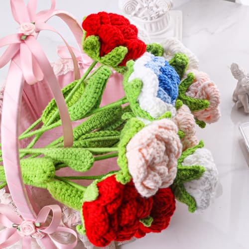 Handmade Crochet Rose Bouquet of 12 PCS,Artificial Knitted Rose Flowers 4 Colors for Home,Office,Wedding,Festival Gift Idea for Mom Girl Women