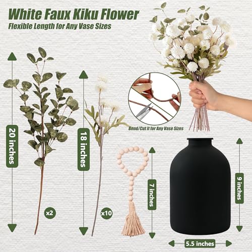 20''H Fake Flowers in Large Vase for Centerpiece Table Decorations with 10Pcs Fake Mums Flowers Eucalyptus Stems Faux Pompon Kiku Flowers Arrangement for Home Decor (White/Black Vase) - color: White/Black Vase