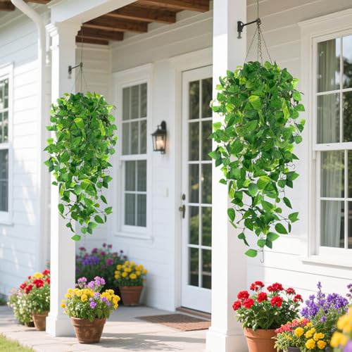 DomeStar 2PCS Fake Vines, Fake Pothos Hanging Plants Ivy Vines, Artificial Greenery for Home Kitchen Wall Decor Aesthetic Home Decor (No Baskets)