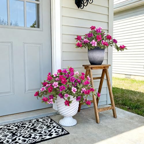 Ammyoo Artificial Fake Azalea Flowers for Outdoor Spring Decoration, Faux Silk Flower for Summer UV Resistant Look Real Plants for Garden Yard Porch Walkway Indoor Decor, 2PCS - color: Purple-red Pink Lotus