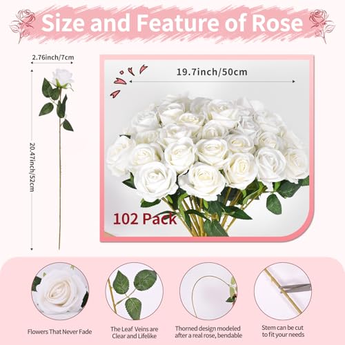 102 PCS White Roses Artificial Flowers, Fake White Roses Bouquet,White Artificial Silk Roses with Stems for DIY Wedding Flowers Decoration, Valentines Day Mothers Day, Bridal Bouquet Roses - color: White, size: 102 Pcs