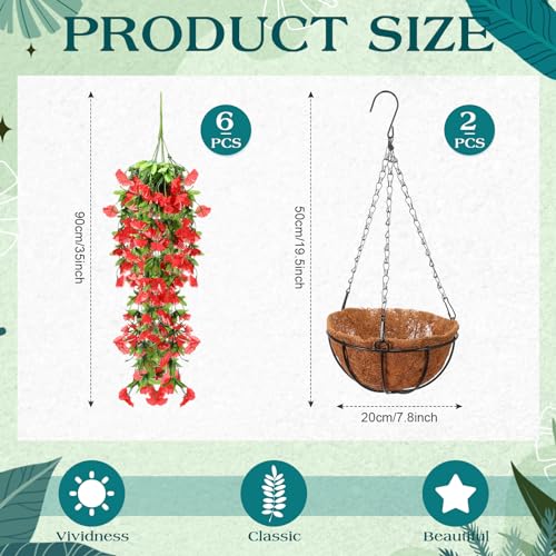 Hotop 2 Set Artificial Flowers with Hanging Basket Includes 6 Pcs Morning Glory Vines Faux Outdoor Hanging Plants Waterproof UV Resistant Fake Flowers for Patio Spring Summer Decor(Red) - color: Red