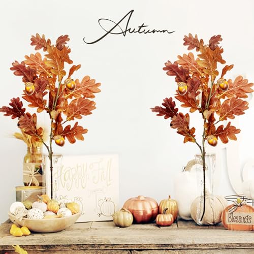 SNAIL GARDEN 2 Pcs 39.3in /100cm Faux Oak Fall Floral Stems with Acorns,Large Artificial Fall Stems for Vases Filler, Autumn Decor Oak Leaves Artificial Fall Flowers Wedding Porches Courtyards
