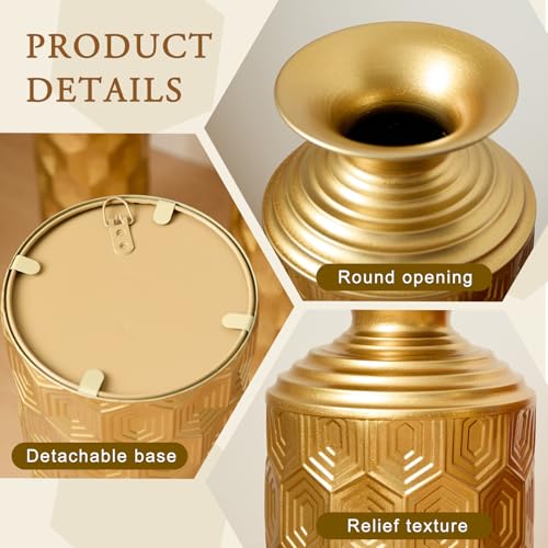 Metal Floor Vases Decorative, Set of 3 Flower Arrangement Stand, Metal Decorative Vase Tall Distressed Metallic Centerpiece Vases with Hexagon Textured, 33.46", 25.59", 19.69" H (Gold) - color: Gold