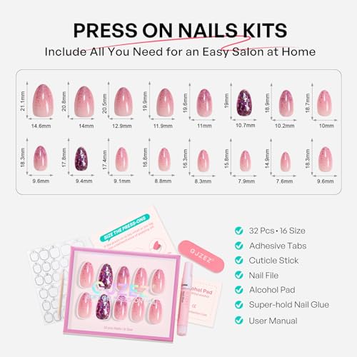 32Pcs Soft Gel Press on Nails for Women, Glitter Pink, Short Almond | Sparkling Chunky Sequins False Fake Nails Press Ons for Party Night Out, Salon Quality Reusable Glue & Stick on Nail Gift Kit - color: 3H-Glitter Pink