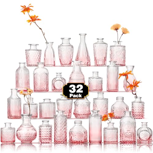 Arme Bud Vase Set of 32, Pink Vases in Bulk Bud Vase for Flower Small Glass Vases for Wedding Centerpieces, Vintage Cute Mini Flower Vase, Home Table Flower Decor - color: Pink-32pcs, size: 32 Pcs