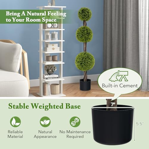 GOFLAME Artificial Boxwood Topiary Tree, 4FT Faux Triple Ball Topiary Tree in Cement-Filled Pot, Fake Boxwood Plant Potted with Rattan Trunk for Home Porch, Indoor Outdoor Use, 1 Pack - size: 4ft