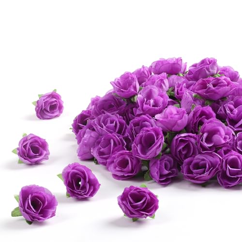 SITUMEIZI 100 Pcs 1.3 inches Mini Deep Purple Rose Head Purple Flowers Artificial Roses for Wedding Decor, Graduation Cap, Cake, DIY Flower Wall Mother's Day Home Party Decor - color: Purple