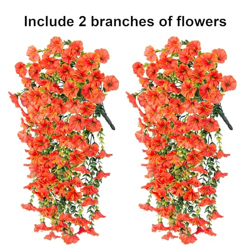 Ivydale 2 PCS Artificial Fall Hanging Flowers Fake Plants Outdoor,Silk Morning Glory Faux Flowers with Eucalyptus,UV Resistant Realistic Petunias Plants for Home Garden Decor (Orange(Leaves Green)) - color: Orange(leaves Green)