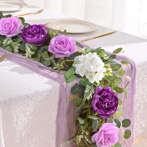 Livole 6FT Artificial Flower Garland Real Touch Fake Purple Floral Rose Peony Garland with Eucalyptus Flower Hanging Vine for Wedding Table Centerpieces Backdrop Party Arch Home Decorations - color: Purple, size: 1 Pc