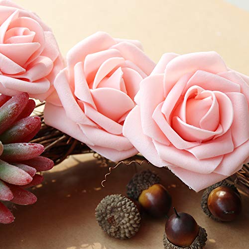AmyHomie Artificial Flower 50pcs Real Looking Fake Roses w/Stem for DIY Wedding Bouquets Centerpieces Arrangements Party Baby Shower Valentines Day Christmas Tree Decorations - color: Pink