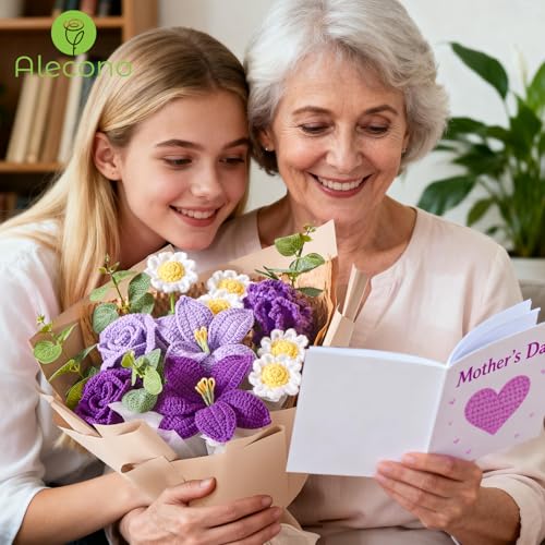 Alecono Crochet Flower Bouquet, Purple Knitted Flowers, Large Knitted Flower for Graduation Anniversary Party Christmas Festival Gifts (Include Card) - color: Lavender, size: X-Large