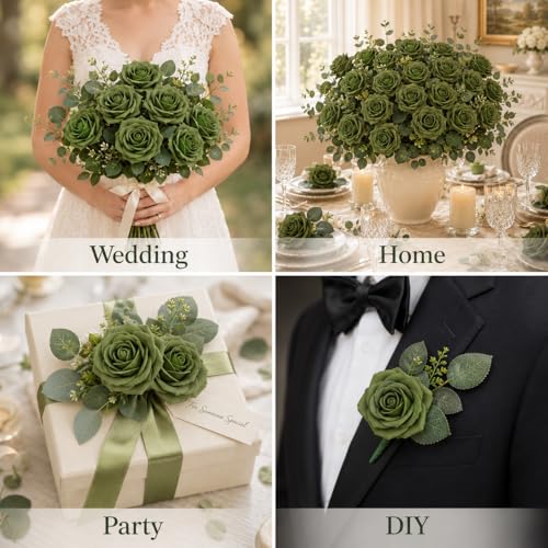 MACTING 30PCS Artificial Rose Flowers Real Touch Fake Flowers with Stem Green Foam Roses for DIY Wedding Bouquet Party Baby Shower Table Centerpieces Home Spring Decorations - color: Army Green-1, size: 30PCS