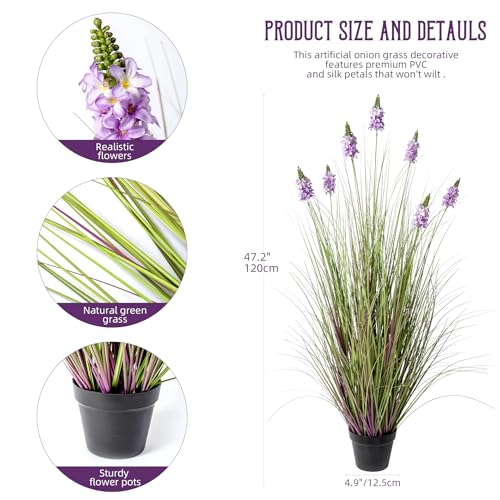 Artificial Plants Indoor Tall Grass Plants with Lilac Flower 47.2InTall Artificial Ornamental Grass Green Onions Outdoor Fake Plants with Black Pot Home Office Decorative (1 Pack,Purple) - color: 1.2m Purple1