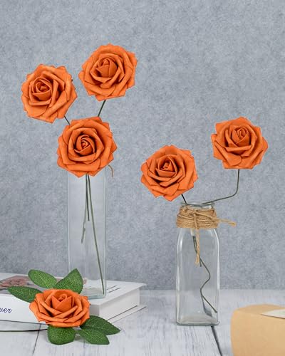 DuHouse 25Pcs Artificial Roses Flowers Fake Rose with Stems Real Touch Foam Flowers for DIY Wedding Bouquet Party Centerpiece Floral Arrangement Party Home Decor(Burnt Orange) - color: Burnt Orange, size: 25pcs