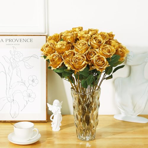 36 Pcs Gold Artificial Roses with Long Stems, Fake Silk Rose Artificial Flowers Bulk for Bridal Wedding Bouquet Centerpiece Ball Arrangement Party Decor - color: Gold