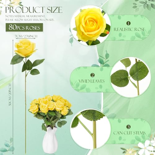 Hotop 80 Pcs Rose Artificial Flowers Bulk with Long Stem, Silk Roses Realistic Fake Flowers Bouquet for Wedding Table Centerpieces Bridal Shower Party Home Decorations(Yellow) - color: Yellow