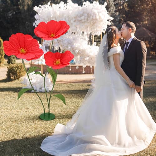 6ft Red Giant Flowers for Decoration with Stand, Large Artificial Poppy, Big Paper Flower Decor for Garden Wedding Party Photography Props Hotel Office Art Gallery Shop Window Display - color: Red