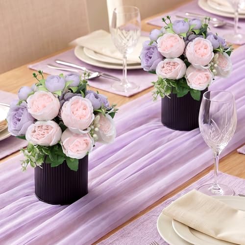 Pre-Made Flower Table Centerpieces, Set of 6 Artificial Silk Peonies with Black Vases for Wedding Reception, Modern Floral Decor for Birthday Party, Anniversary Ceremony - Lilac & Light Pink - color: Lilac & Light Pink